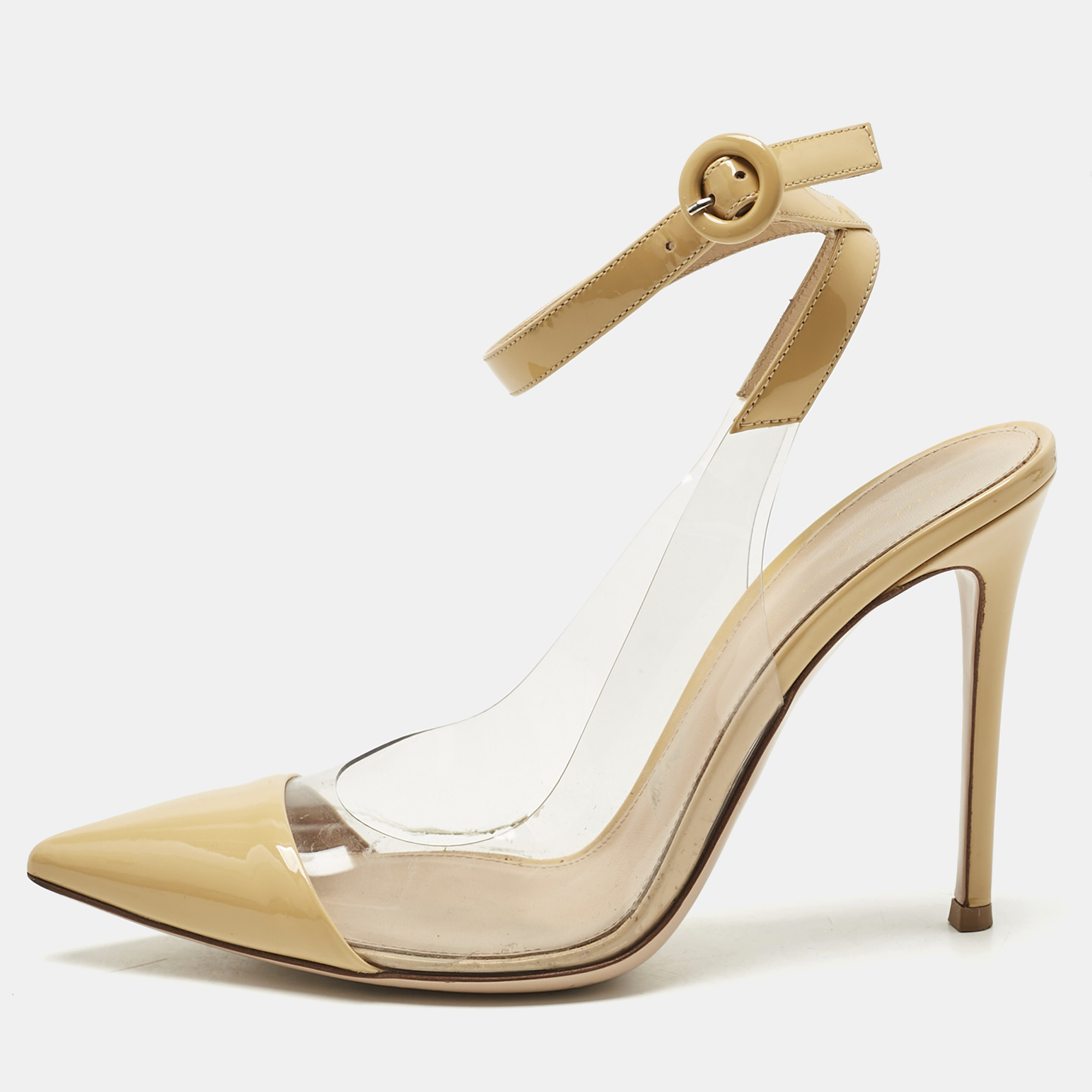 Gianvito Rossi Beige/Transparent Leather And PVC Anise Pointed Toe Ankle Strap Sandals Size 39, Pumps - Luxury Closet catalog
