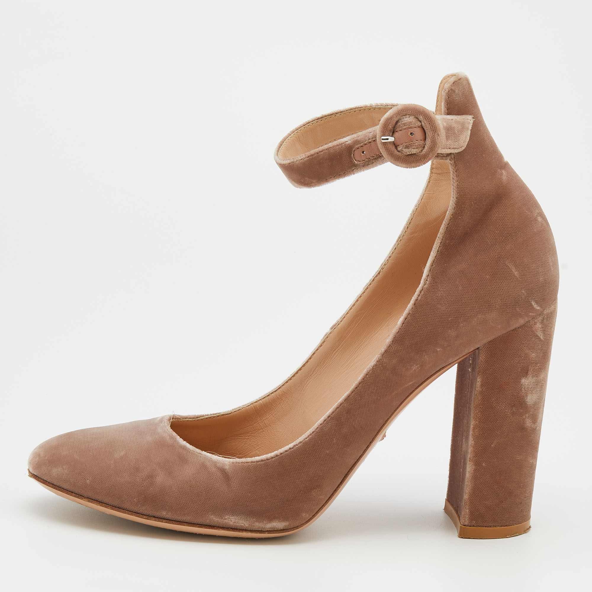 Gianvito Rossi Beige Velvet Block Heel Ankle Strap Pumps Size 39, Sandals - Luxury Closet catalog