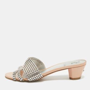 Gina Silver/Pink Crystal Embellished Leather Slide Sandals Size 38, Sandals - Luxury Closet catalog