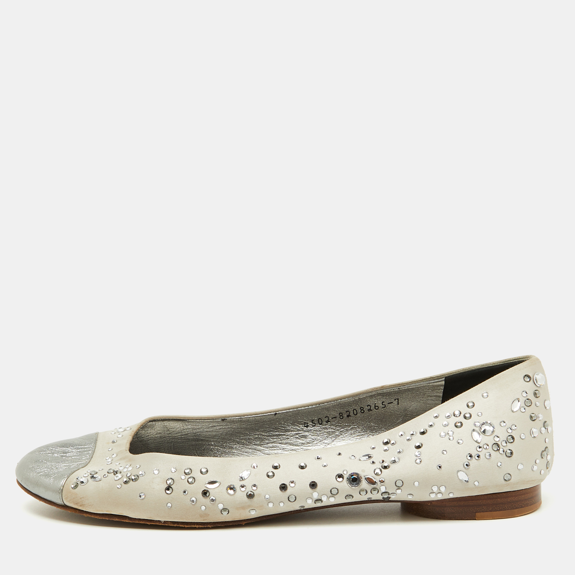 Gina Light Grey/Silver Satin and Leather Crystal Embellished Ballet Flats Size 40, Flats - Luxury Closet catalog