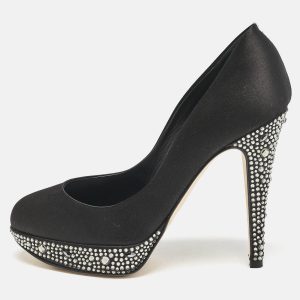 Gina Black Satin Crystals Platform Pumps Size 36.5, Pumps - Luxury Closet catalog