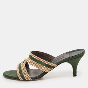 Gina Green/Gold Crystal Embellished Satin Slide Sandals Size 37, Sandals - Luxury Closet catalog