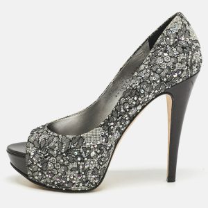 Gina Grey/Black Lace Crystal Embellished Open Toe Platform Pumps Size 39, Pumps - Luxury Closet catalog