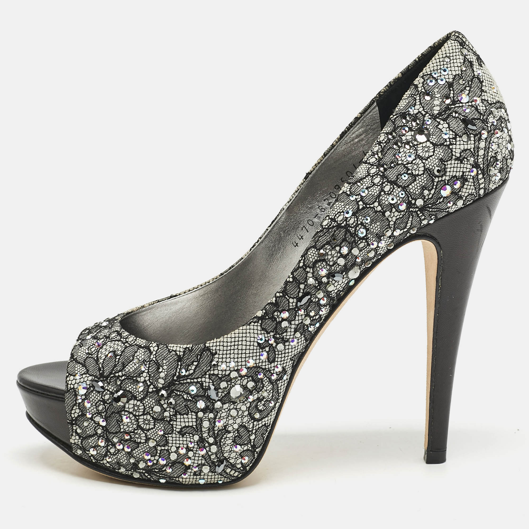 Gina Grey/Black Lace Crystal Embellished Open Toe Platform Pumps Size 39, Pumps - Luxury Closet catalog