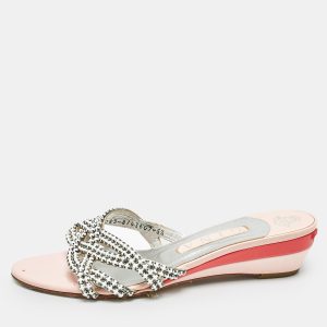 Gina White/Silver Leather Crystal Embellished Sandals Size 38.5, Sandals - Luxury Closet catalog