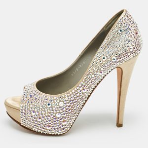 Gina Beige Satin Crystal Embellished Open Toe Platform Pumps Size 38.5, Pumps - Luxury Closet catalog