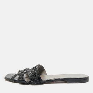Gina Black Satin Crystal Embellished Loren Flat Slide Sandals Size 41, Sandals - Luxury Closet catalog