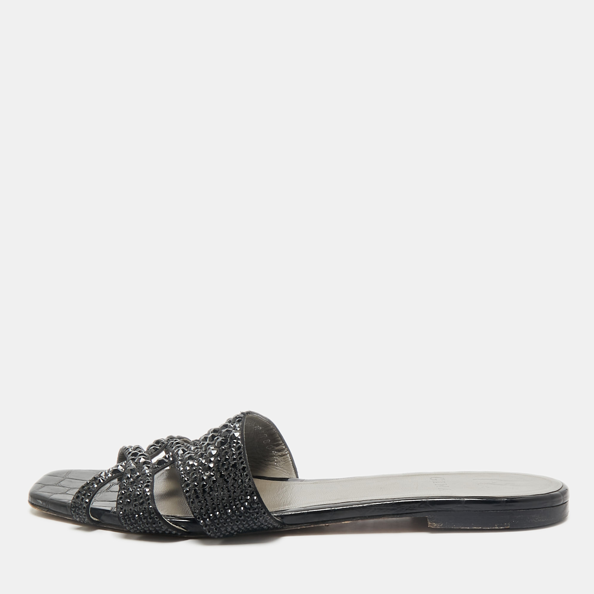 Gina Black Satin Crystal Embellished Loren Flat Slide Sandals Size 41, Sandals - Luxury Closet catalog