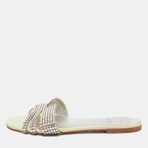 Gina Silver Leather Crystal Embellished Leather Loren Flat Sandals Size 41, Sandals - Luxury Closet catalog