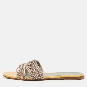 Gina Yellow Croc Embossed Leather Crystal Embellished Loren Flat Sandals Size 39, Sandals - Luxury Closet catalog