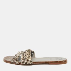 Gina Brown Croc Embossed Leather Crystal Embellished Loren Flat Sandals Size 39, Sandals - Luxury Closet catalog