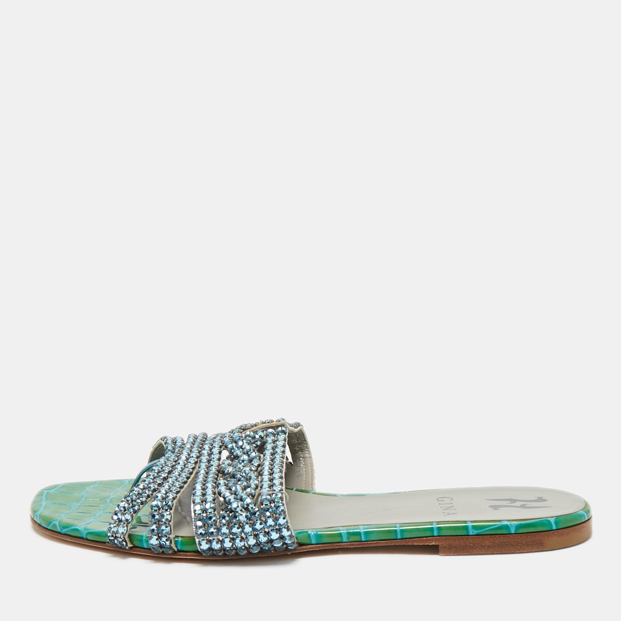 Gina Green Croc Embossed Patent Leather Crystal Embellished Loren Flat Slide Size 38.5, Sandals - Luxury Closet catalog