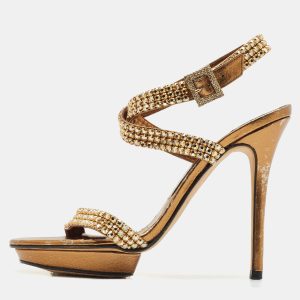 Gina Gold Leather Crystal Embellished Ankle Strap Sandals Size 38, Sandals - Luxury Closet catalog