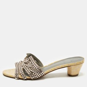 Gina Gold Croc Embossed Patent Leather and Leather Vida Crystals Slide Sandals Size 38.5, Sandals - Luxury Closet catalog