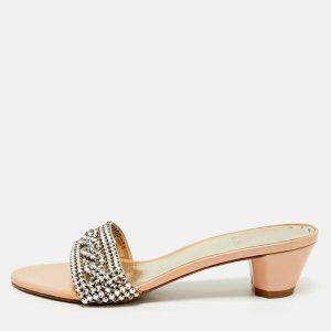Gina Silver Patent Leather Crystal Embellished Slide Sandals Size 38.5, Sandals - Luxury Closet catalog