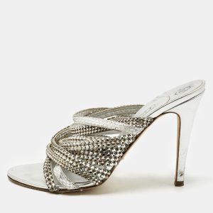 Gina Silver Leather and Snakeskin Embossed Crystal Embellished Slide Sandals Size 39.5, Sandals - Luxury Closet catalog