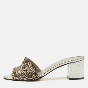 Gina Silver Croc Embossed Leather Crystal Embellished Slide Sandals Size 38.5, Sandals - Luxury Closet catalog