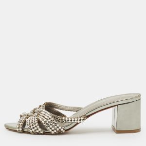 Gina Metallic Grey Patent Crystal Embellished Leather Slide Sandals Size 38.5, Sandals - Luxury Closet catalog