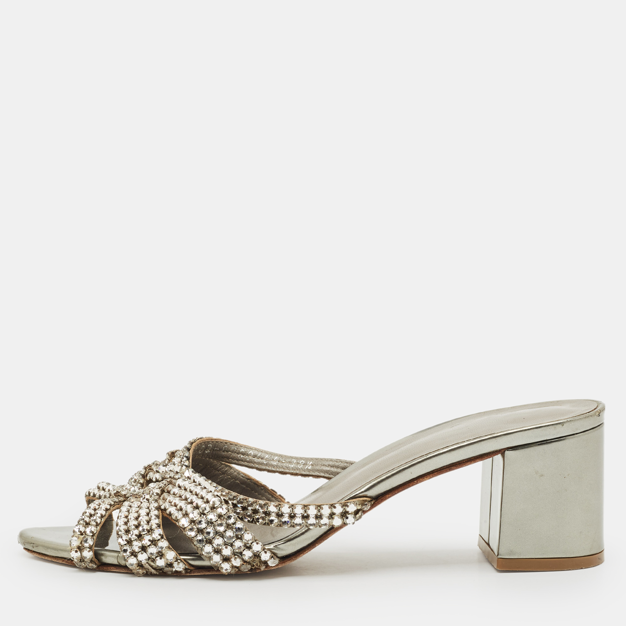 Gina Metallic Grey Patent Crystal Embellished Leather Slide Sandals Size 38.5, Sandals - Luxury Closet catalog
