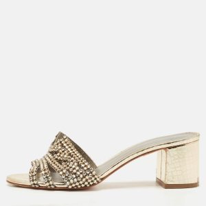 Gina Metallic Gold Leather Crystal Embellished Slide Sandals Size 39.5, Sandals - Luxury Closet catalog