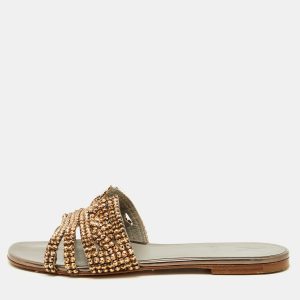 Gina Brown Leather Crystal Embellished Flat Slide Sandals Size 38.5, Sandals - Luxury Closet catalog