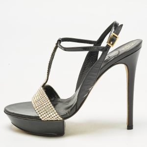 Gina Black Patent Leather Crystal Embellished T-Strap Sandals Size 40, Sandals - Luxury Closet catalog