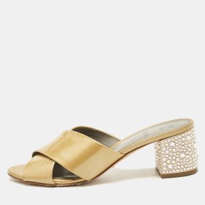Gina Beige Patent Leather Crisscross Crystal Embellished Block Heel Sandals Size 37.5, Sandals - Luxury Closet catalog