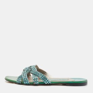 Gina Green Crystals and Leather Slide Sandals Size 38, Sandals - Luxury Closet catalog