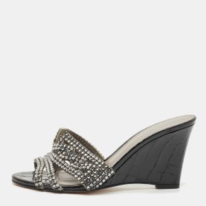 Gina Grey Crystal Embellished Leather Syracuse Wedge Sandals Size 38.5, Sandals - Luxury Closet catalog