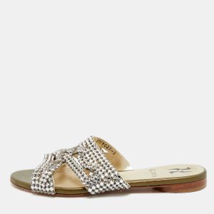 Gina Silver Crystal Embellished Leather Flat Slides Size 36, Sandals - Luxury Closet catalog