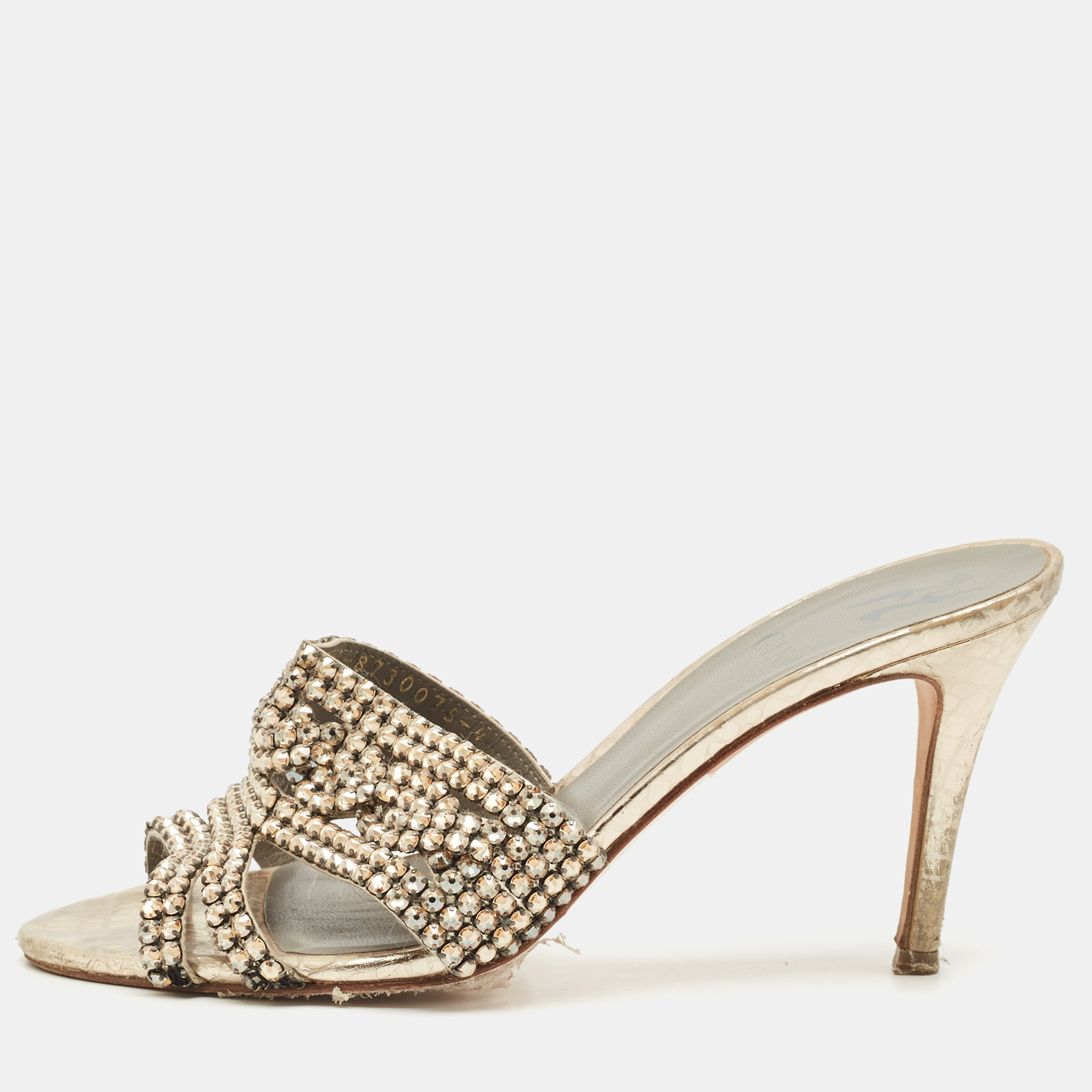 Gina Gold Croc Embossed Leather Crystals Embellished Slide Sandals Size 37, Sandals - Luxury Closet catalog