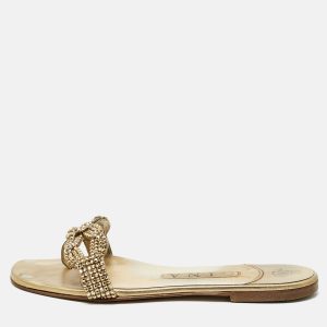 Gina Metallic Gold Leather Crystal Embellished Flat Sandals Size 37, Sandals - Luxury Closet catalog