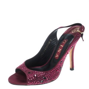Gina Red Satin Crystal Embellished Peep Toe Slingback Sandals Size 38, Sandals - Luxury Closet catalog