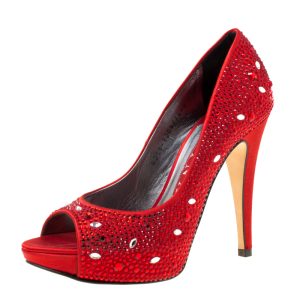 Gina Red Satin Crystal Embellished Peep Toe Platform Pumps Size 37, Pumps - Luxury Closet catalog