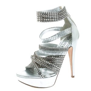 Gina Silver Crystal Embellished Leather and Python Strappy Platform Sandals Size 37, Sandals - Luxury Closet catalog