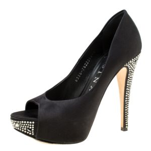 Gina Black Satin Crystal Embellished Peep Toe Platform Pumps Size 37, Pumps - Luxury Closet catalog