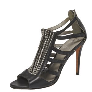 Gina Black Leather Crystal Embellished Sandals Size 37.5, Sandals - Luxury Closet catalog