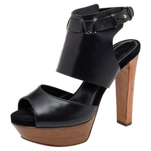 Gina Black Leather Open Toe Platform Pumps Size 37.5, Pumps - Luxury Closet catalog