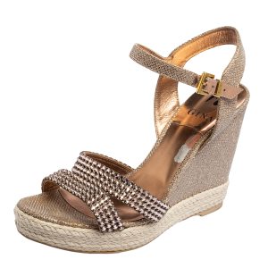 Gina Rose Gold Glitter and Crystal-Embellished Leather Espadrille Platform Wedge Sandals Size 40, Sandals - Luxury Closet catalog