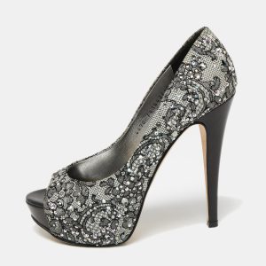 Gina Grey/Black Lace Crystal Embellished Open Peep  Platform Pumps Size 37, Pumps - Luxury Closet catalog