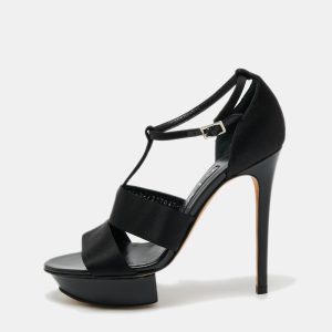 Gina Black Satin Ankle Strap Platform Sandals Size 37.5, Sandals - Luxury Closet catalog