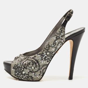 Gina Black Lace Crystal Embellished Peep Toe Slingback Platform Pumps Size 37.5, Pumps - Luxury Closet catalog