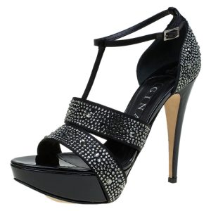 Gina Black Crystal Embellished Leather T Strap Platform Sandals Size 38, Sandals - Luxury Closet catalog