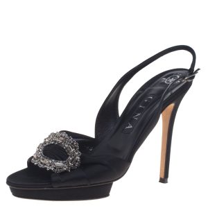 Gina Black Satin Brooch Embellished Slingback Sandals Size 39.5, Sandals - Luxury Closet catalog