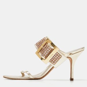 Gina Gold Crystal Embellished Leather Slide Sandals Size 37.5, Sandals - Luxury Closet catalog