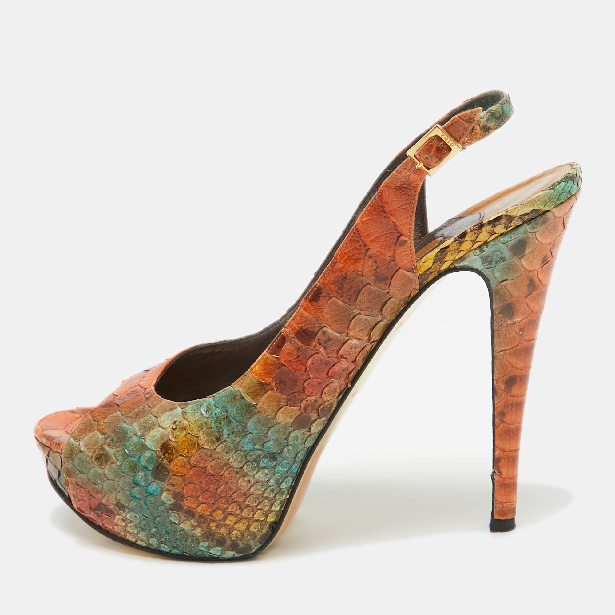 Gina Tricolor Python Open Toe Platform Slingback Pumps Size 40.5, Pumps - Luxury Closet catalog
