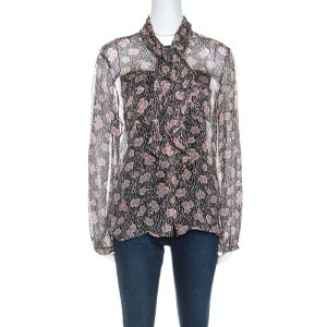 Giorgio Armani Black and Pink Floral Print Sheer Silk Blouse L, Shirts & Tops - Luxury Closet catalog