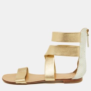 Giuseppe Zanotti Gold/White Python Embossed Leather Ankle Cuff Flat Sandals Size 38, Sandals - Luxury Closet catalog