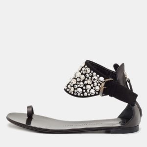 Giuseppe Zanotti Black Suede and Leather Crystal Embellished Ankle Wrap Flat Sandals Size 36, Sandals - Luxury Closet catalog