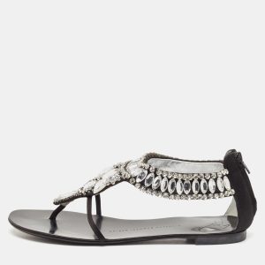 Giuseppe Zanotti Black Satin Crystal Embellished Ankle Strap Flat Sandals Size 36.5, Sandals - Luxury Closet catalog